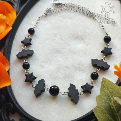 Choker Gacek onyks stal nietoperz fimo goth gothic Halloween