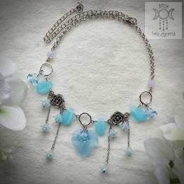 Choker Kwitnący błękitny kwiatki liście fairy wróżka fantasy