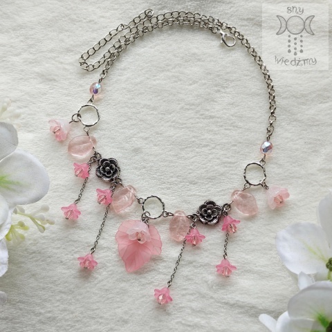 Choker Kwitnący różowy kwiatki liście fairy wróżka fantasy