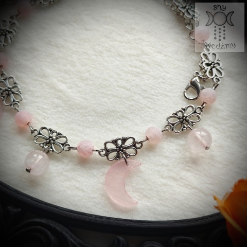 Filigranowy choker różowy agat kwarc różowy księżyce moon