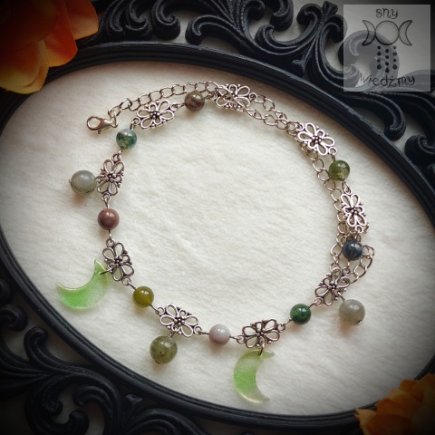 Filigranowy choker zielony agat indyjski labradoryt księżyce moon