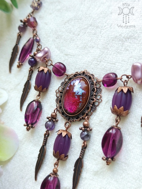 Naszyjnik Amethyst Dream ametyst medalion kolia miedź łapacz snów pióra