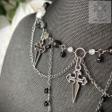 Naszyjnik Dagger Cross kryształ górski obsydian srebrzysty krzyże gwiazdy stal
