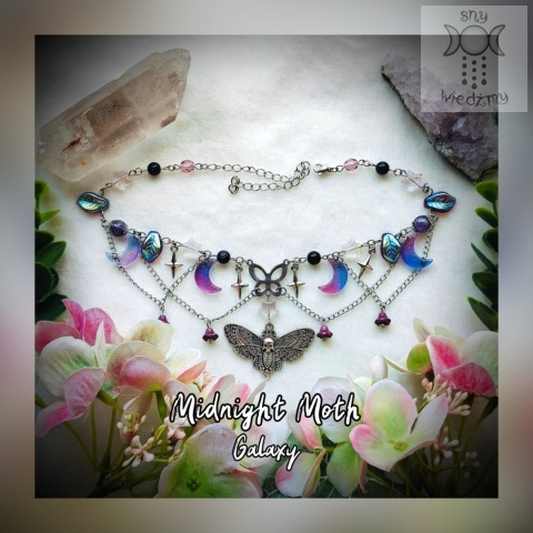 Naszyjnik Night Moth Galaxy stal ametyst noc kairu ćma gwiazdy
