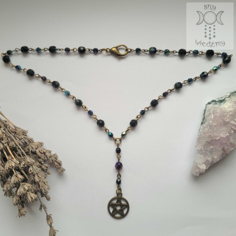 Naszyjnik Pentagram Kryształki Pentakl czarny niebieski brąz basic