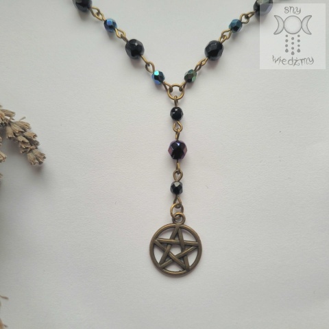 Naszyjnik Pentagram Kryształki Pentakl czarny niebieski brąz basic