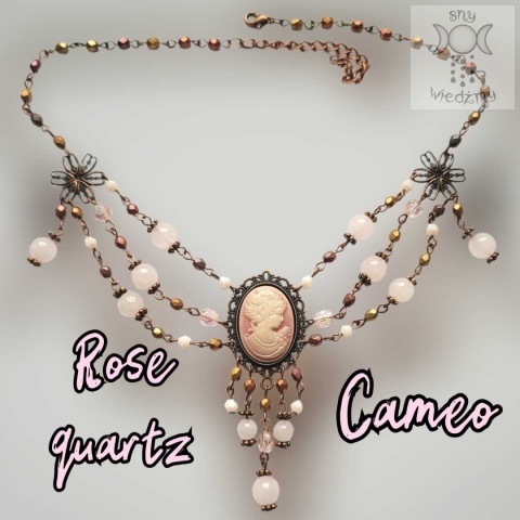 Kolia Rose Quartz Cameo kwarc różowy miedź choker naszyjnik Kolia Rose Quartz Cameo kwarc różowy miedź choker naszyjnik