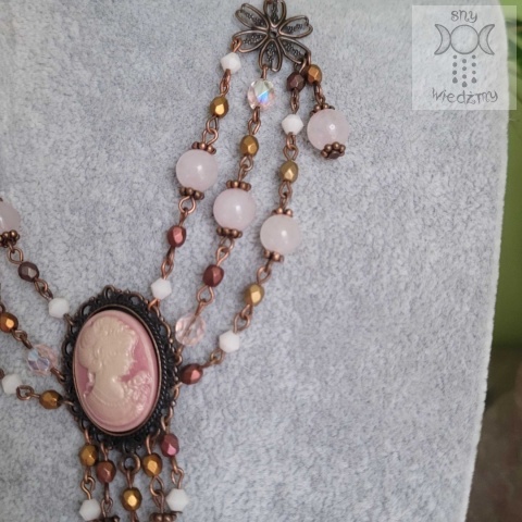 Kolia Rose Quartz Cameo kwarc różowy miedź choker naszyjnik Kolia Rose Quartz Cameo kwarc różowy miedź choker naszyjnik