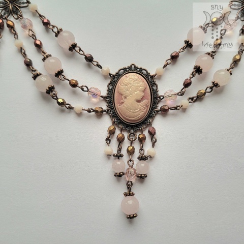 Kolia Rose Quartz Cameo kwarc różowy miedź choker naszyjnik Kolia Rose Quartz Cameo kwarc różowy miedź choker naszyjnik