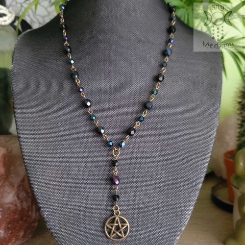 Naszyjnik Pentagram Kryształki Pentakl czarny niebieski brąz basic