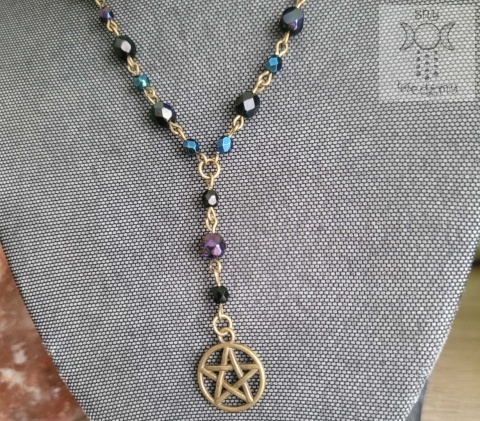 Naszyjnik Pentagram Kryształki Pentakl czarny niebieski brąz basic