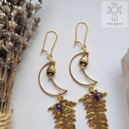 Kolczyki Gold Fern ametyst księżyc moon stal