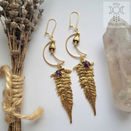 Kolczyki Gold Fern ametyst księżyc moon stal