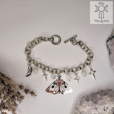 Bransoletka Silver Moth stal kamień księżycowy gwiazy ćma Bransoletka Silver Moth stal kamień księżycowy gwiazy ćma