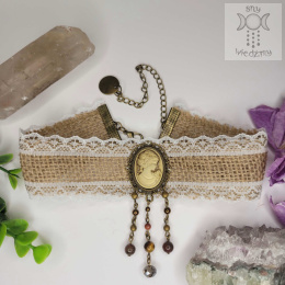 Choker Kolia Cottagecore Cameo Kamea tygrysie oko agat wężowy piasek pustyni