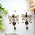 Kolczyki Moth Queen obsydian srebrzysty księżyc moon ćma