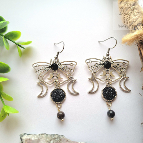 Kolczyki Moth Queen obsydian srebrzysty księżyc moon ćma Kolczyki Moth Queen obsydian srebrzysty księżyc moon ćma