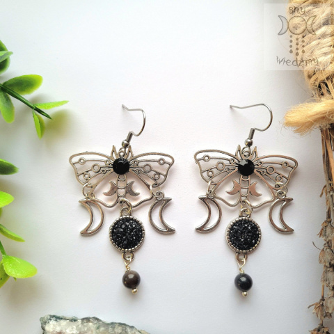 Kolczyki Moth Queen obsydian srebrzysty księżyc moon ćma Kolczyki Moth Queen obsydian srebrzysty księżyc moon ćma