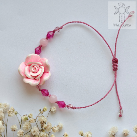 Bransoletka Bella Rosa róża kwarc różowy makrama Bransoletka Bella Rosa róża kwarc różowy makrama
