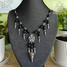 Naszyjnik Krucze czaszki lawa wulkaniczna pióra pentagram pentakl witch