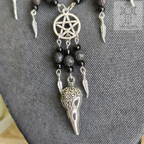 Naszyjnik Krucze czaszki lawa wulkaniczna pióra pentagram pentakl witch Naszyjnik Krucze czaszki lawa wulkaniczna pióra pentagram pentakl witch