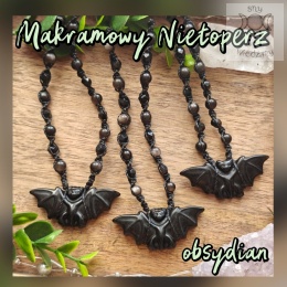 Makramowy naszyjnik nietoperz obsydian onyks makrama halloween