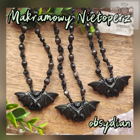 Makramowy naszyjnik nietoperz obsydian onyks makrama halloween
