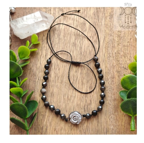 Choker Stone Rose obsydian srebrzysty hematyt róża