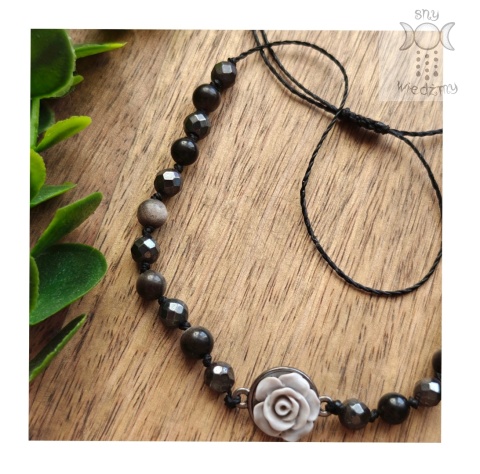 Choker Stone Rose obsydian srebrzysty hematyt róża