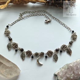 Flower Spirit obsydian srebrzysty srebrny choker naszyjnik róże Rose Moon księżyc
