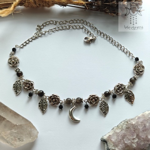 Flower Spirit obsydian srebrzysty srebrny choker naszyjnik róże Rose Moon księżyc Flower Spirit obsydian srebrzysty srebrny choker naszyjnik róże Rose Moon księżyc