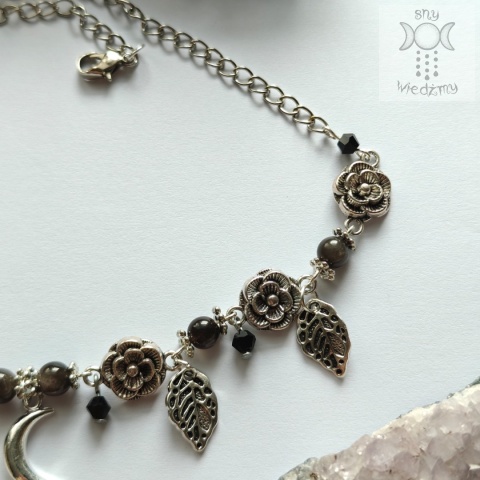 Flower Spirit obsydian srebrzysty srebrny choker naszyjnik róże Rose Moon księżyc Flower Spirit obsydian srebrzysty srebrny choker naszyjnik róże Rose Moon księżyc