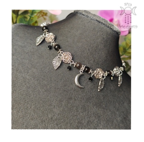 Flower Spirit obsydian srebrzysty srebrny choker naszyjnik róże Rose Moon księżyc Flower Spirit obsydian srebrzysty srebrny choker naszyjnik róże Rose Moon księżyc