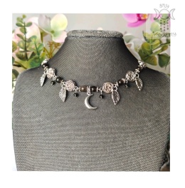 Flower Spirit obsydian srebrzysty srebrny choker naszyjnik róże Rose Moon księżyc