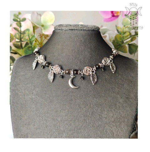 Flower Spirit obsydian srebrzysty srebrny choker naszyjnik róże Rose Moon księżyc Flower Spirit obsydian srebrzysty srebrny choker naszyjnik róże Rose Moon księżyc