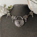 Choker Secret obsydian srebrzysty naszyjnik kolia kłódka klucze