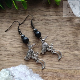 Kolczyki Wrony onyks hematyt księżyc Halloween