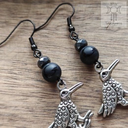 Kolczyki Wrony onyks hematyt księżyc Halloween
