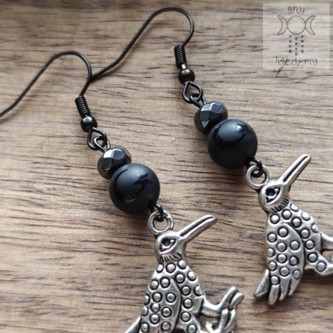 Kolczyki Wrony onyks hematyt księżyc Halloween