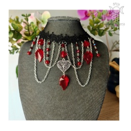 Kolia Crystal Dark Ruby chalcedon czerwony koronka choker naszyjnik