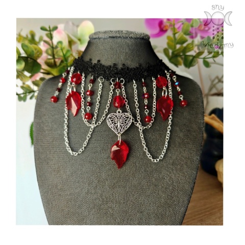Kolia Crystal Dark Ruby chalcedon czerwony koronka choker naszyjnik Kolia Crystal Dark Ruby chalcedon czerwony koronka choker naszyjnik