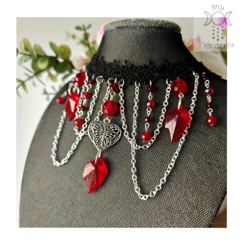 Kolia Crystal Dark Ruby chalcedon czerwony koronka choker naszyjnik Kolia Crystal Dark Ruby chalcedon czerwony koronka choker naszyjnik