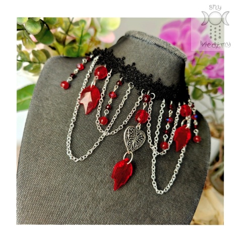 Kolia Crystal Dark Ruby chalcedon czerwony koronka choker naszyjnik Kolia Crystal Dark Ruby chalcedon czerwony koronka choker naszyjnik