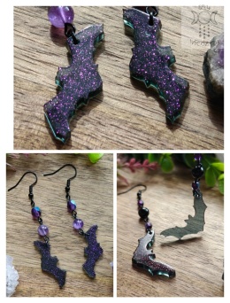 Kolczyki Glitter Bat ametyst nietoperze Halloween żywica