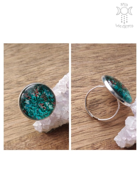 Pierścionek Na łące kwiaty regulowany turkusowy