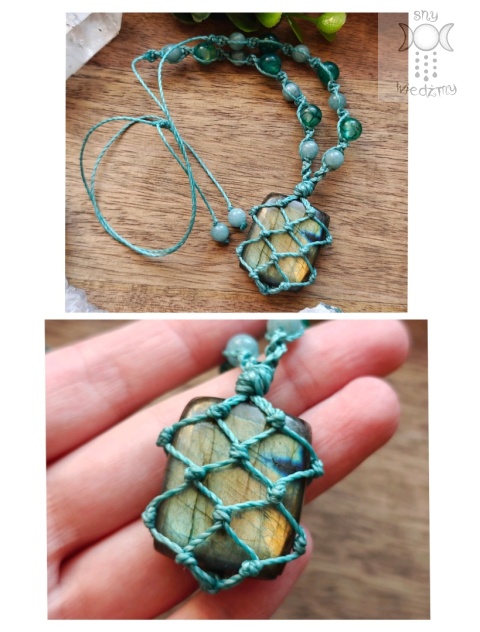 Makramowy naszyjnik Labradoryt jadeit Agat smoczy makrama