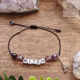 Bransoletka z napisem Witch ametyst miotła makrama