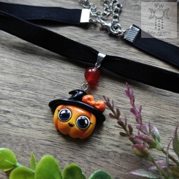 Choker Czarująca Dyniula karneol Halloween welurowy naszyjnik gotycki goth gothic