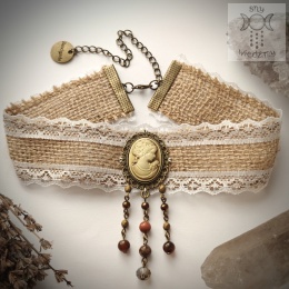 Choker Kolia Cottagecore Cameo Kamea tygrysie oko agat wężowy piasek pustyni