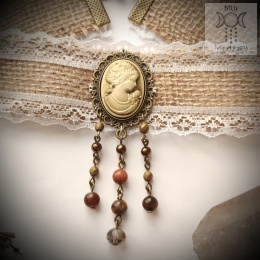 Choker Kolia Cottagecore Cameo Kamea tygrysie oko agat wężowy piasek pustyni